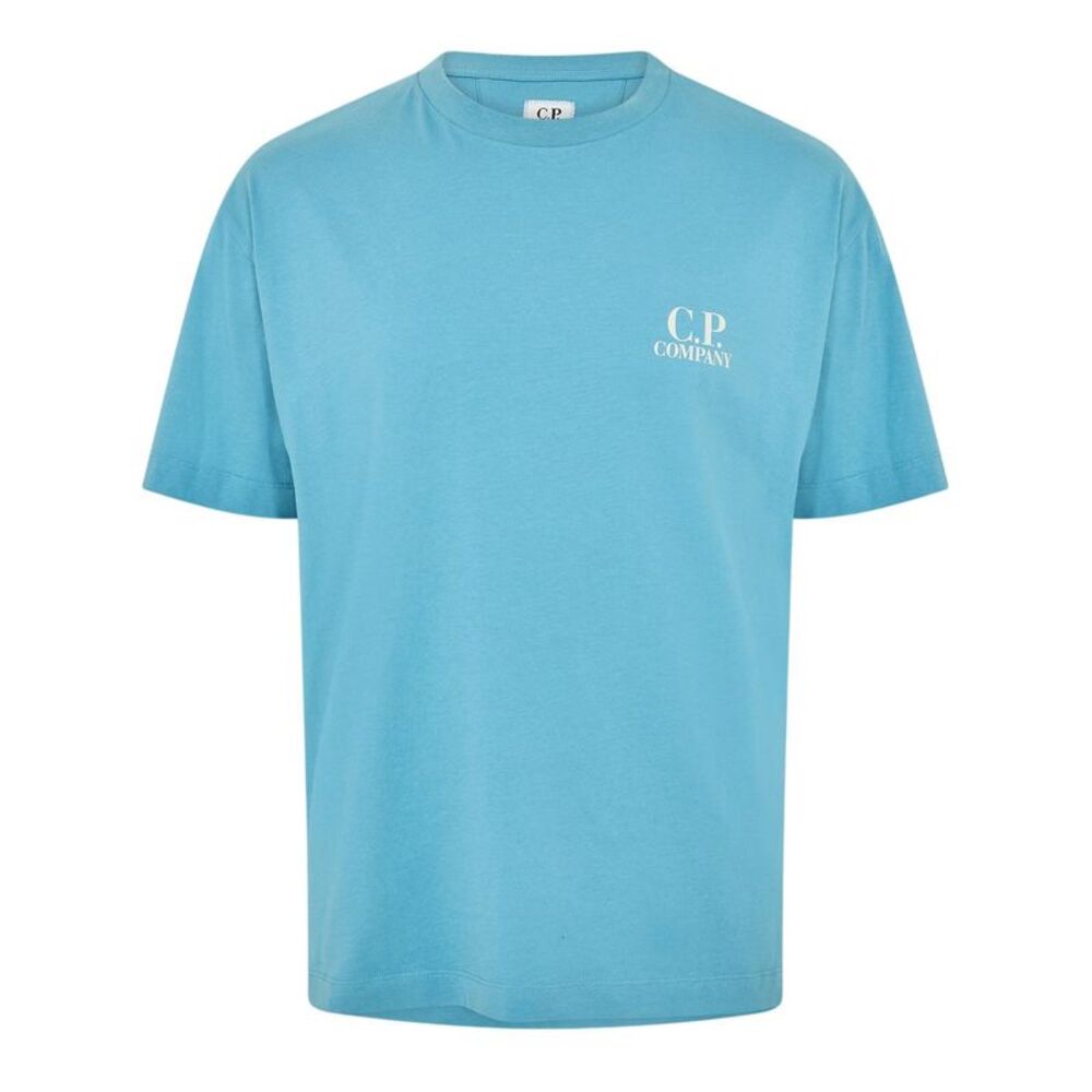 C.P. Company Mens Double Logo Cotton Relaxed Fit Casual T-Shirt / Aegean Blue